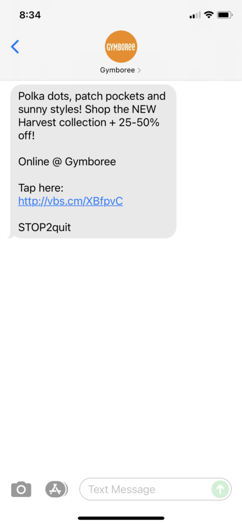 Gymboree Text Message Marketing Example - 09.16.2021