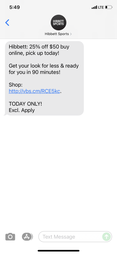 Hibbett Text Message Marketing Example - 09.01.2021