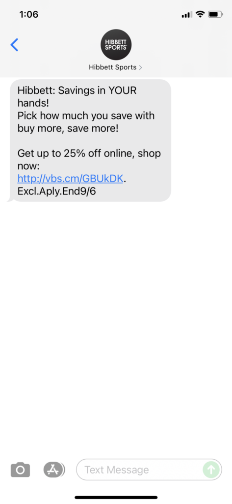 Hibbett Text Message Marketing Example - 09.05.2021