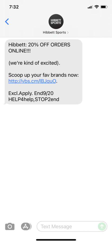 Hibbett Text Message Marketing Example - 09.13.2021