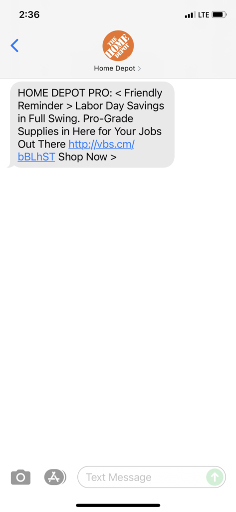 Home Depot Text Message Marketing Example - 08.30.2021