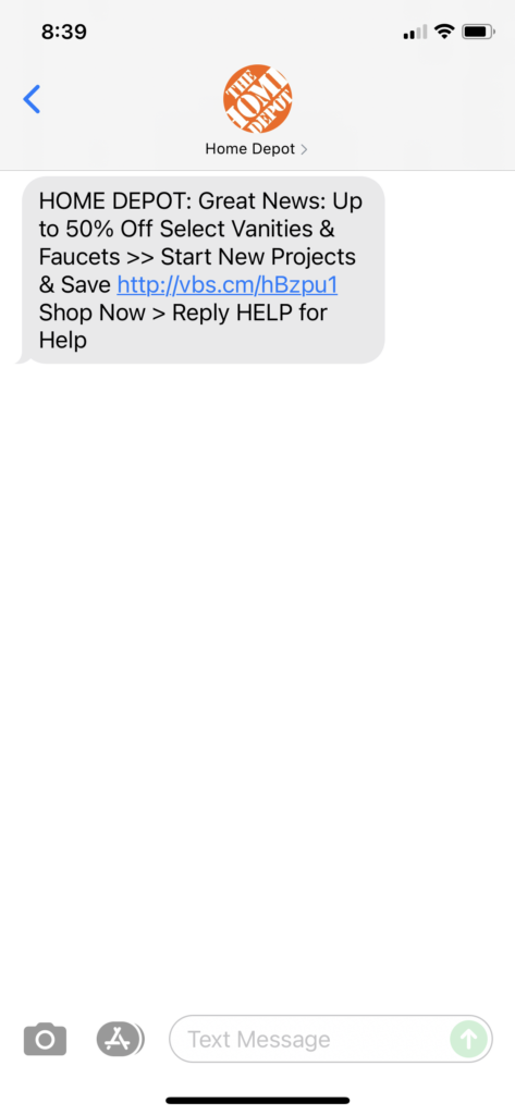 Home Depot Text Message Marketing Example - 09.16.2021