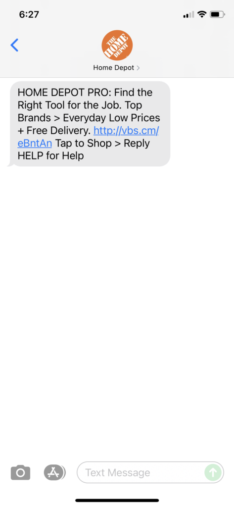 Home Depot Text Message Marketing Example - 09.27.2021