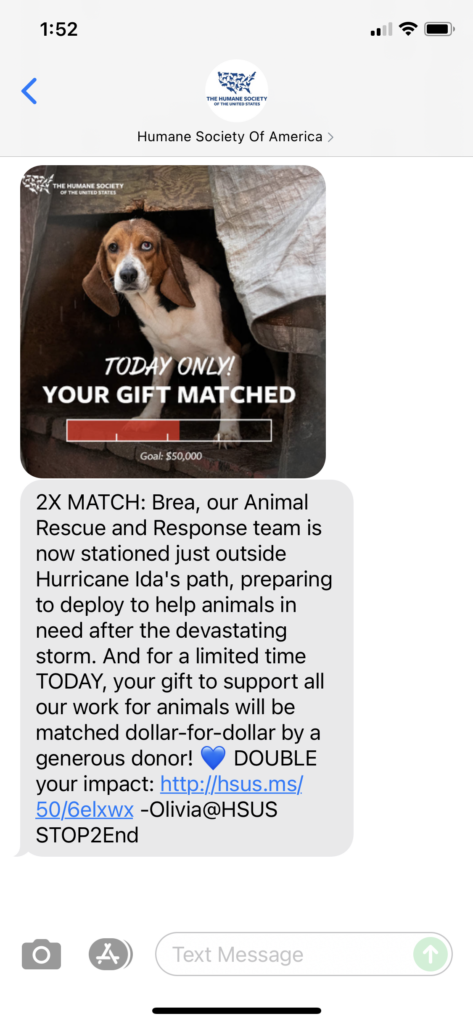 Humane Society of America Text Message Marketing Example - 08.31.2021