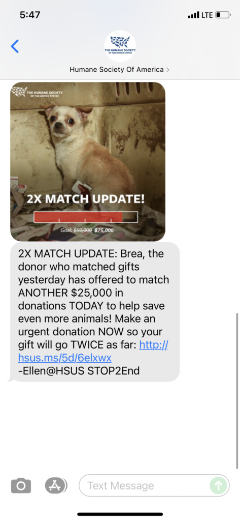 Humane Society of America Text Message Marketing Example - 09.01.2021