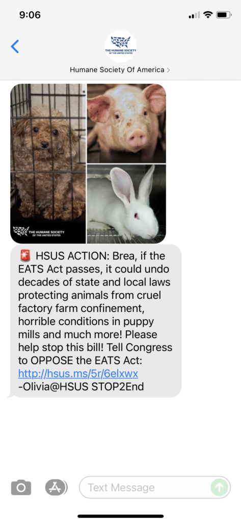 Humane Society of America Text Message Marketing Example - 09.14.2021