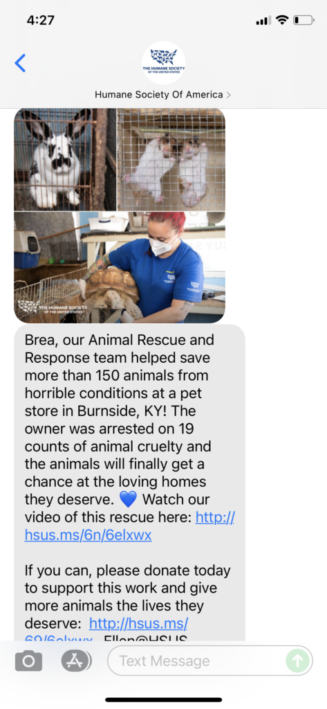 Humane Society of America Text Message Marketing Example - 09.21.2021