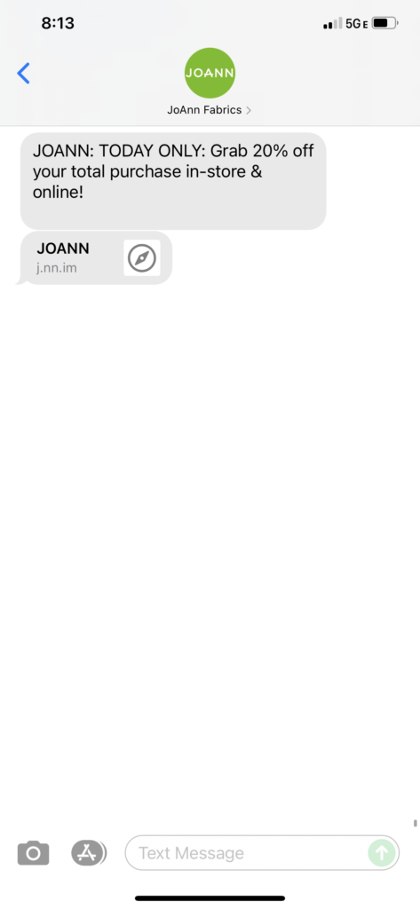 JoAnn Fabrics 1 Text Message Marketing Example - 09.11.2021