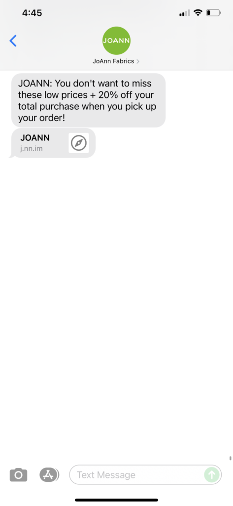 JoAnn Fabrics Text Message Marketing Example - 09.18.2021