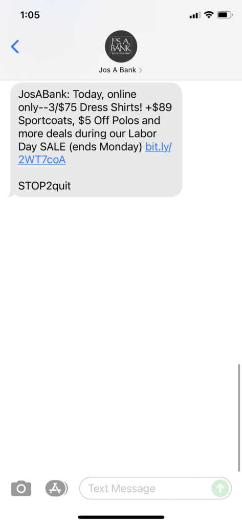 Jos A Bank Text Message Marketing Example - 09.05.2021