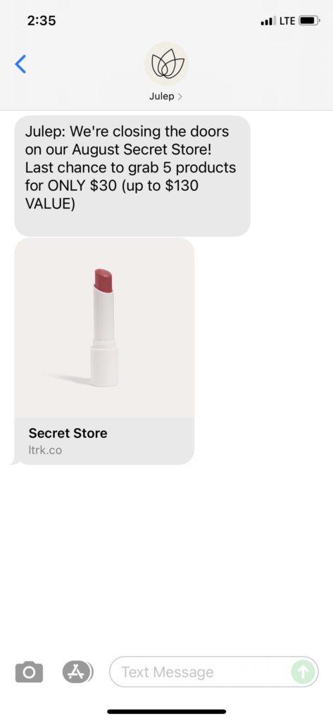 Julep Text Message Marketing Example - 08.30.2021