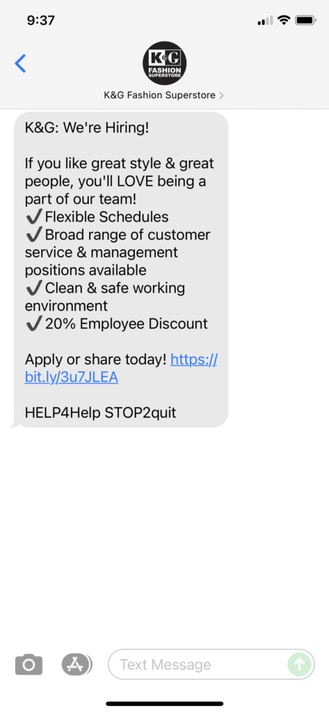 K&G Fashion Superstore Text Message Marketing Example - 09.23.2021