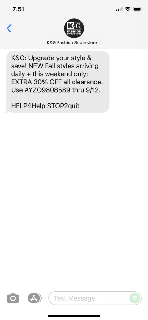 K&G Fashion Superstores Text Message Marketing Example - 09.10.2021