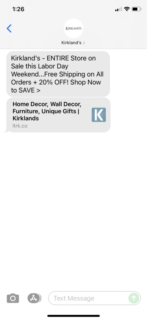 Kirkland's Text Message Marketing Example - 09.04.2021