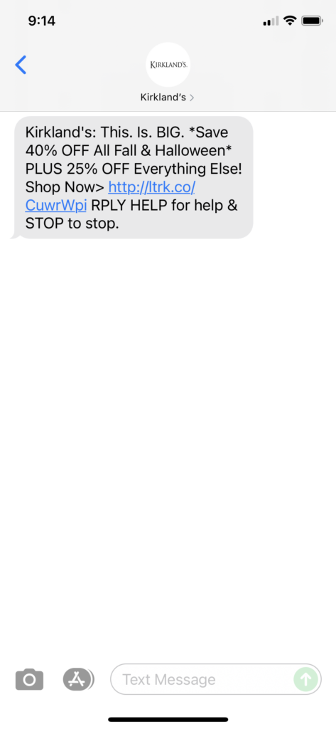 Kirkland's Text Message Marketing Example - 09.25.2021