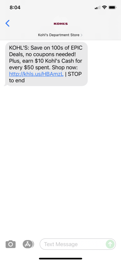 Kohl's Text Message Marketing Example - 09.09.2021