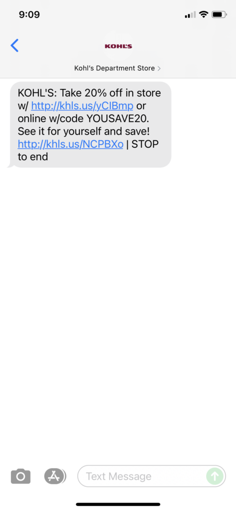 Kohl's Text Message Marketing Example - 09.14.2021