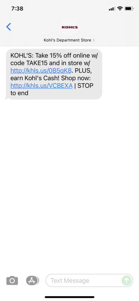Kohl's Text Message Marketing Example - 09.18.2021