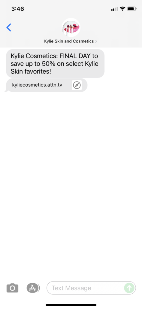 Kylie Skin and Cosmetics Text Message Marketing Example - 08.30.2021