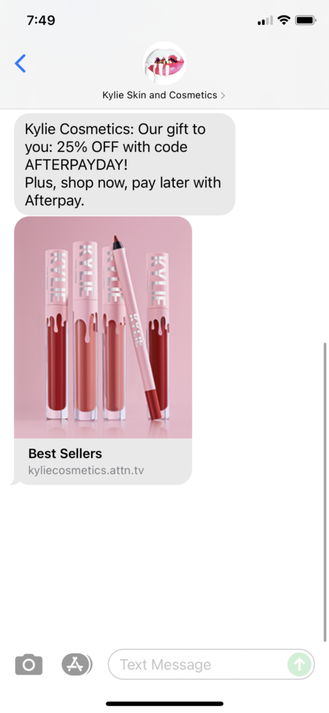 Kylie Skin and Cosmetics Text Message Marketing Example - 09.10.2021