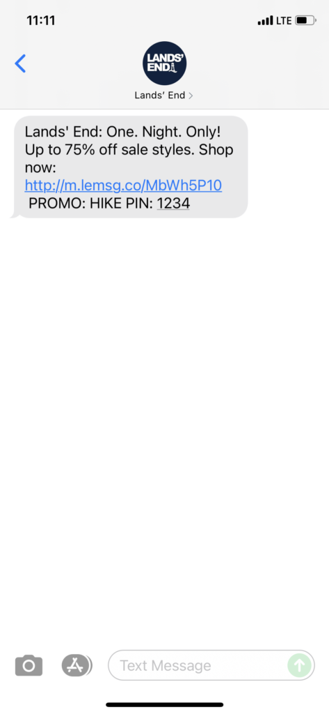 Lands' End Text Message Marketing Example - 09.12.2021