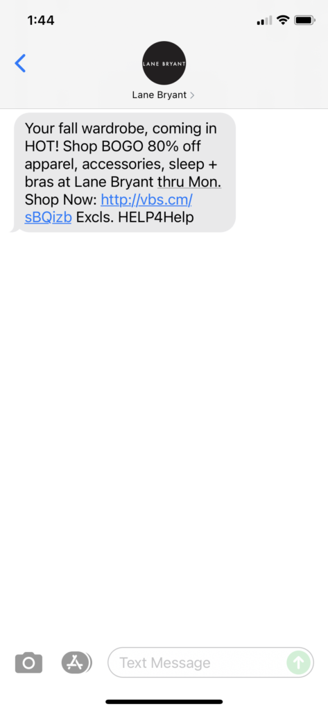 Lane Bryant Text Message Marketing Example - 09.02.2021