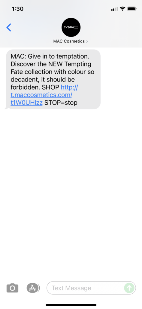 Mac Cosmetics Text Message Marketing Example - 09.03.2021