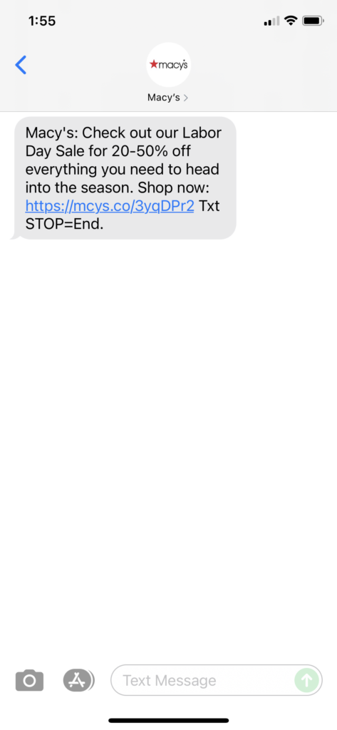 Macy's Text Message Marketing Example - 08.31.2021