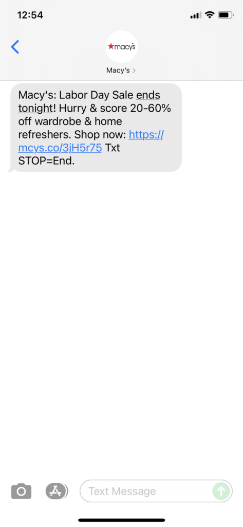 Macy's Text Message Marketing Example - 09.06.2021