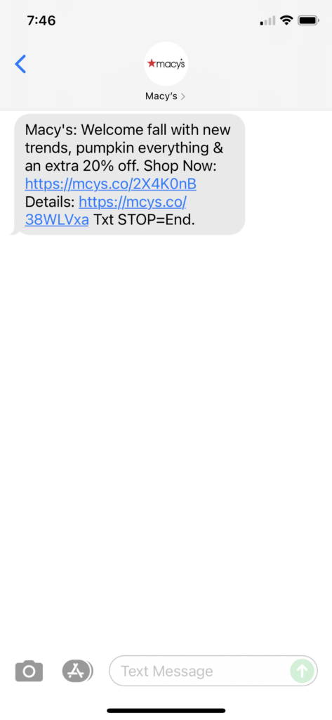 Macy's Text Message Marketing Example - 09.10.2021
