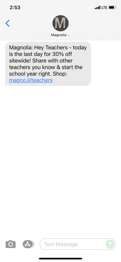 Magnolia Text Message Marketing Example - 08.30.2021