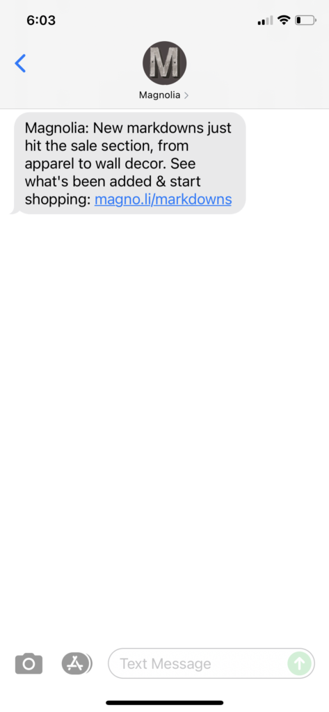 Magnolia Text Message Marketing Example - 09.28.2021