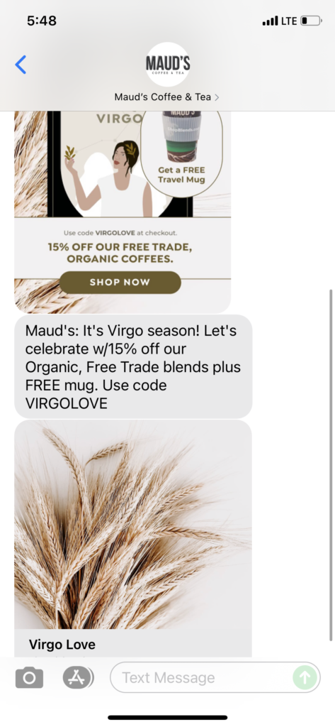 Maud's Coffee & Tea Text Message Marketing Example - 09.01.2021