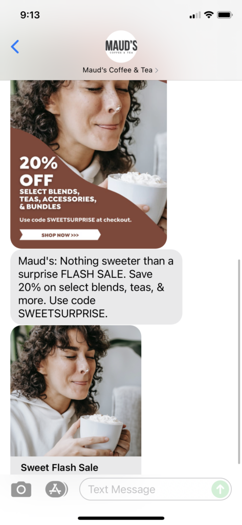 Maud's Coffee & Tea Text Message Marketing Example - 09.25.2021