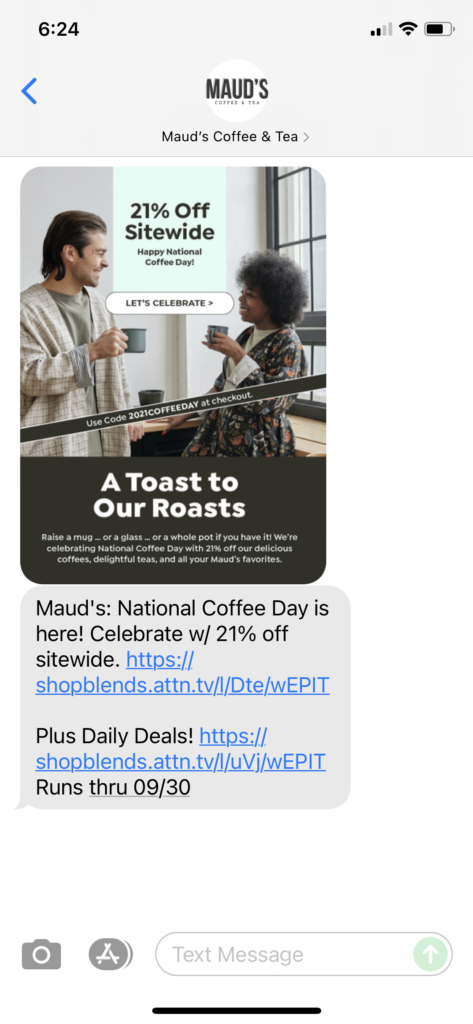 Maud's Coffee & Tea Text Message Marketing Example - 09.27.2021