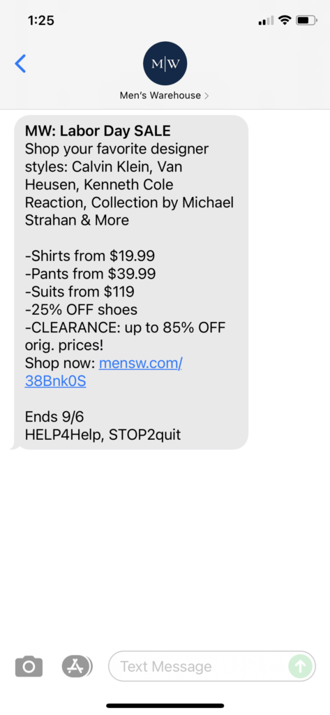 Men's Warehouse Text Message Marketing Example - 09.04.2021