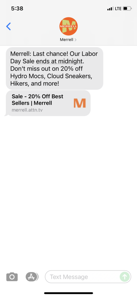 Merrell Text Message Marketing Example - 09.08.2021