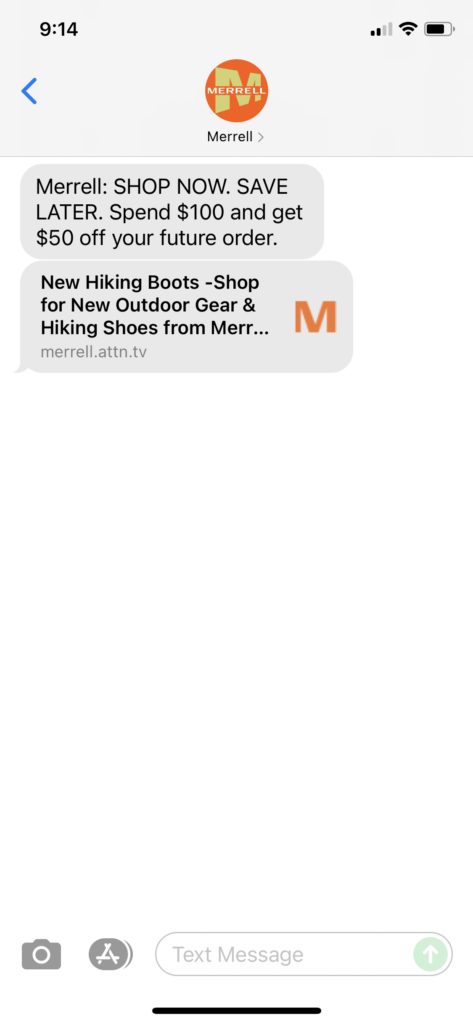 Merrell Text Message Marketing Example - 09.14.2021