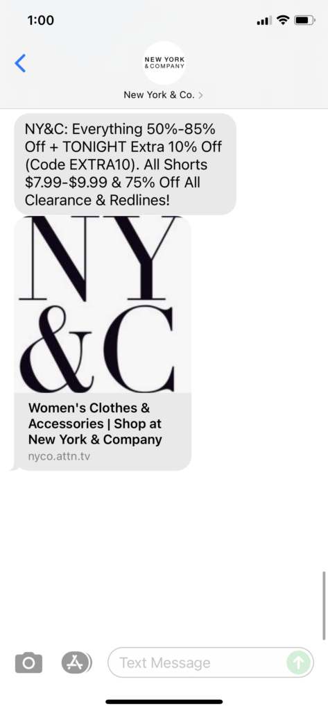New York & Co Text Message Marketing Example - 09.05.2021