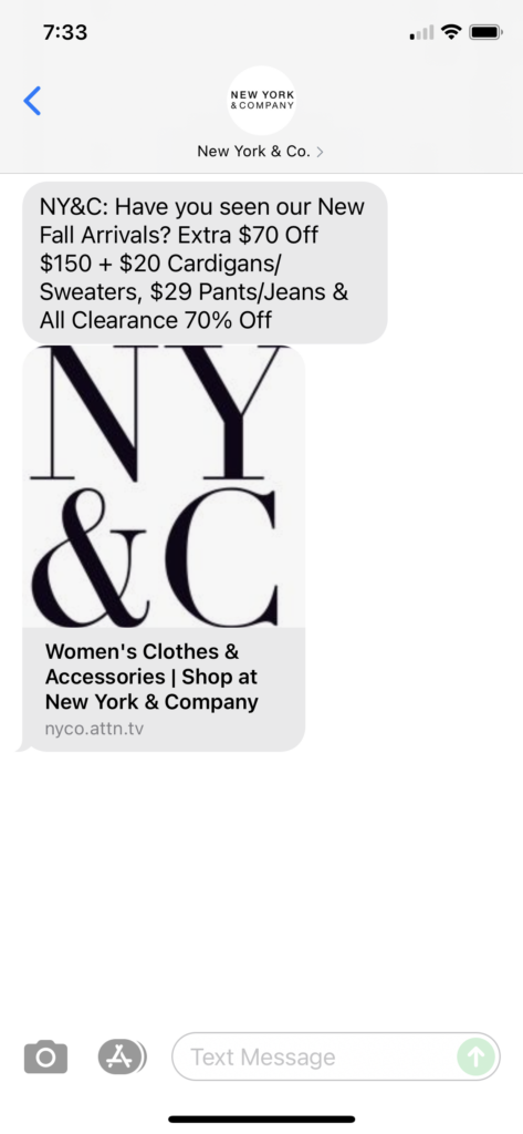 New York & Co Text Message Marketing Example - 09.11.2021
