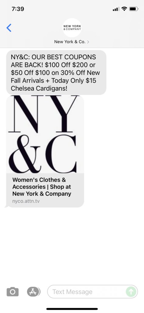 New York & Co Text Message Marketing Example - 09.18.2021