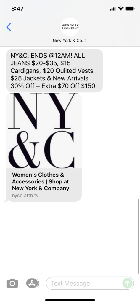 New York & Co Text Message Marketing Example - 09.26.2021