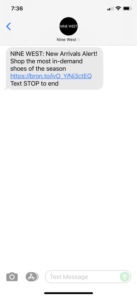 Nine West Text Message Marketing Example - 09.18.2021