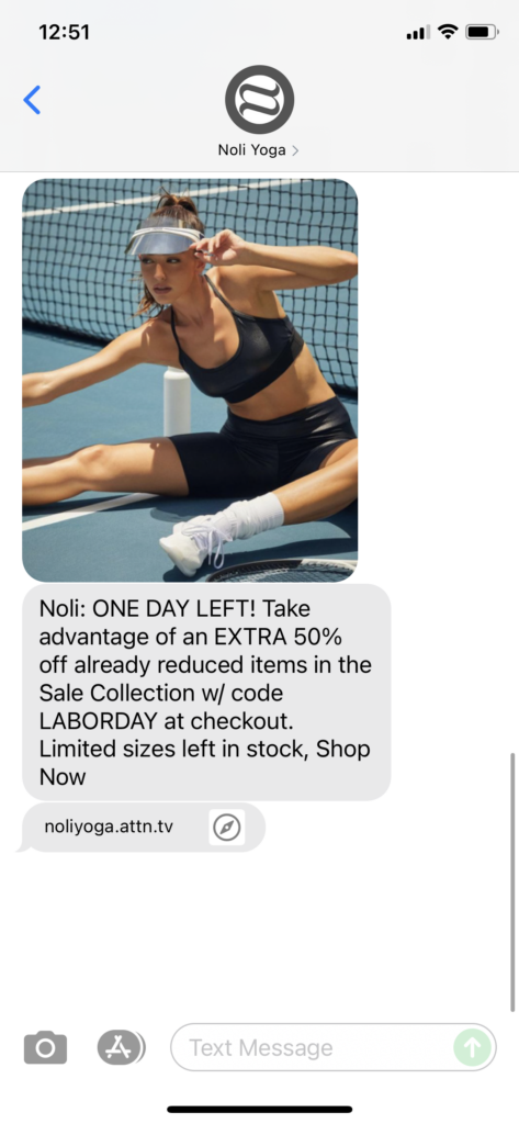Noli Yoga Text Message Marketing Example - 09.06.2021