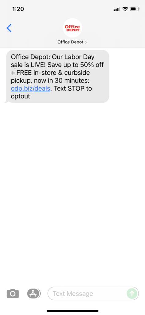 Office Depot Text Message Marketing Example - 09.04.2021