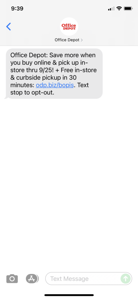 Office Depot Text Message Marketing Example - 09.23.2021