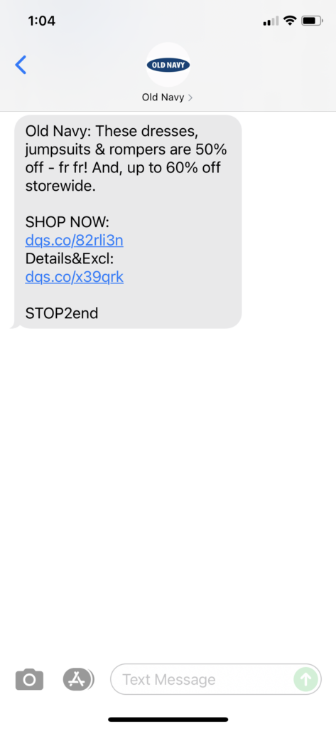 Old Navy Text Message Marketing Example - 09.05.2021
