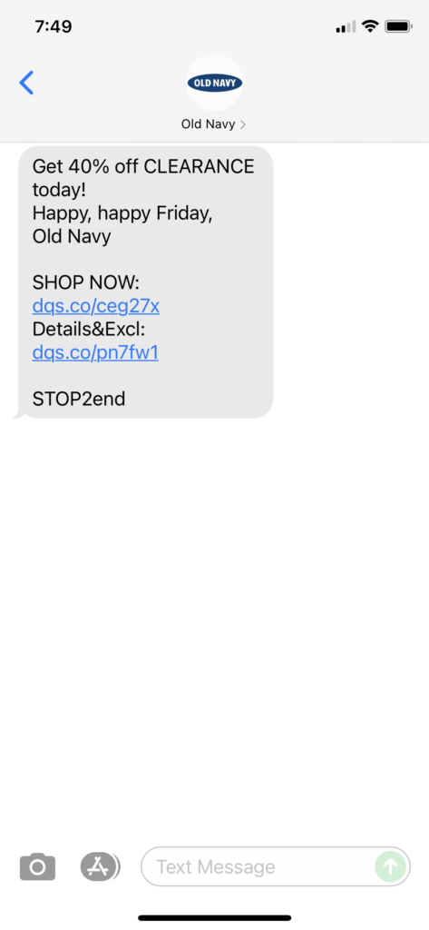 Old Navy Text Message Marketing Example - 09.10.2021
