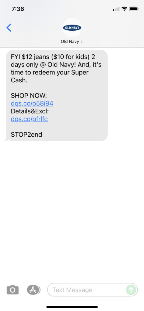 Old Navy Text Message Marketing Example - 09.11.2021