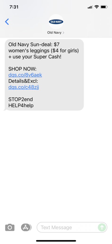 Old Navy Text Message Marketing Example - 09.19.2021